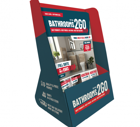 A4 brochure holder in blue and red, with a Bathrooms2GO logo on the front.