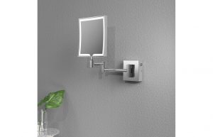 a square mirror on an extending bracket attached to the wall. the mirror has a light around the edge.