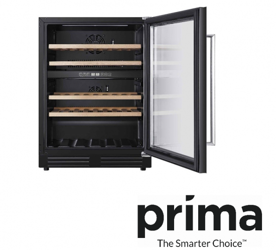 Prima wine cooler with door open showing 4 wooden shelves inside. The image also has the prima logo in the bottom right hand corner.